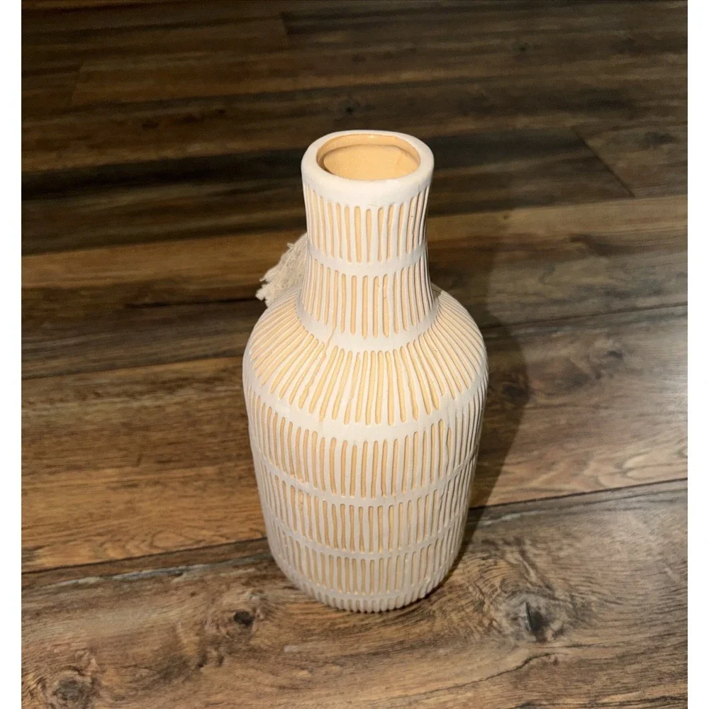 Farmhouse Ceramic Vase Handle Tassel Gray Yellow Striped Rustic Decor Terracotta